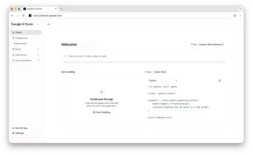 Google AI Studio homepage