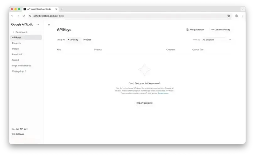 AI Studio sidebar with Get API key option