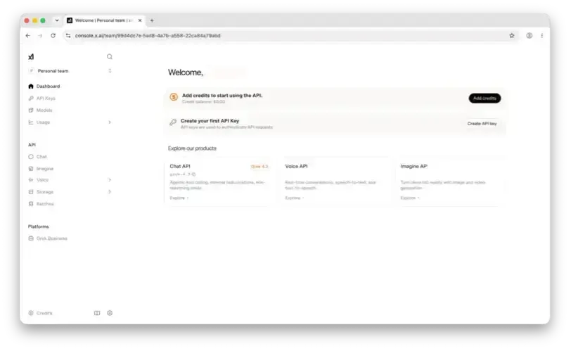 xAI dashboard showing billing section