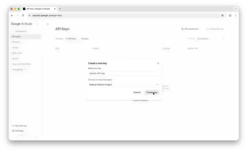 Create API key dialog in AI Studio