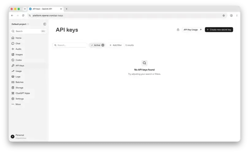 OpenAI API keys page with create button