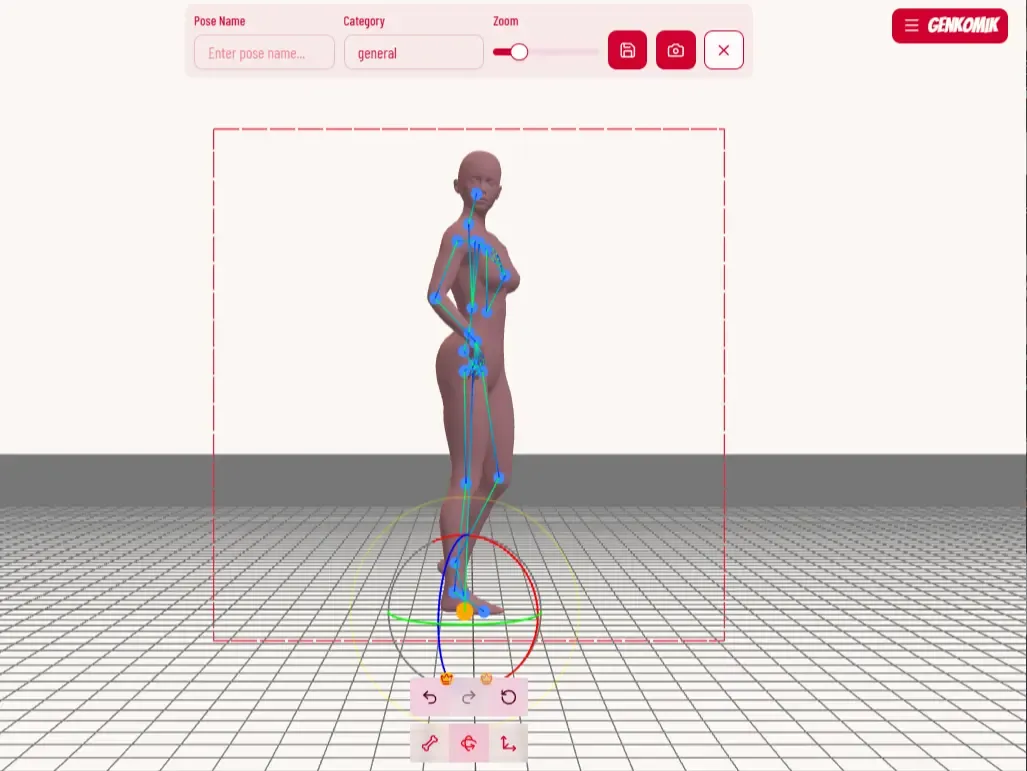 3D Pose Editor photo dock with save button and pose name/category fields