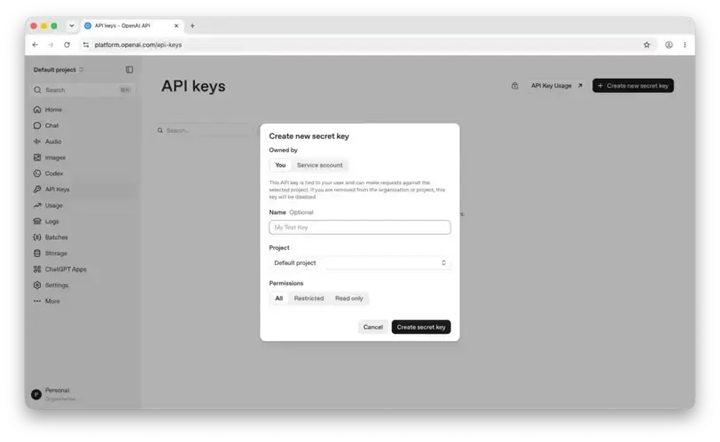 OpenAI create secret key dialog
