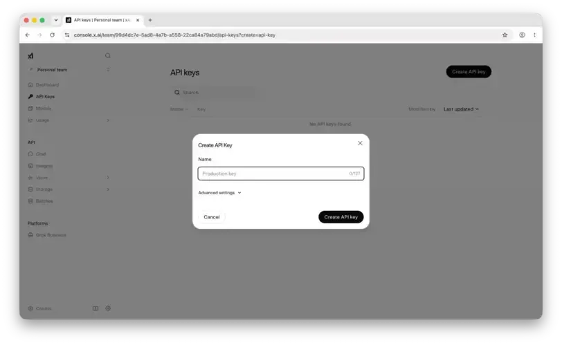 xAI create API key dialog