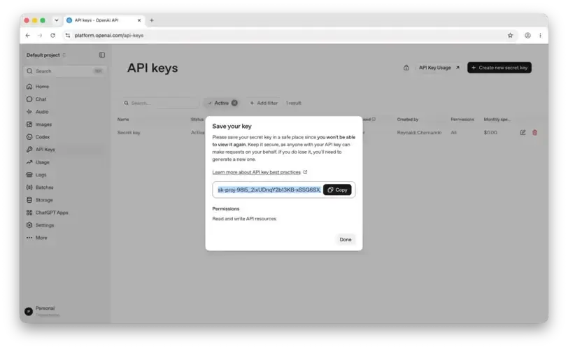 OpenAI copy API key immediately