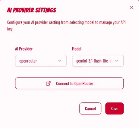 AI Provider Settings with OpenRouter selected and Connect button visible