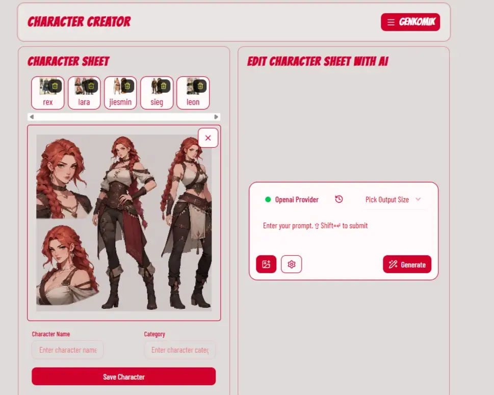 Character Creator with uploaded image and save form