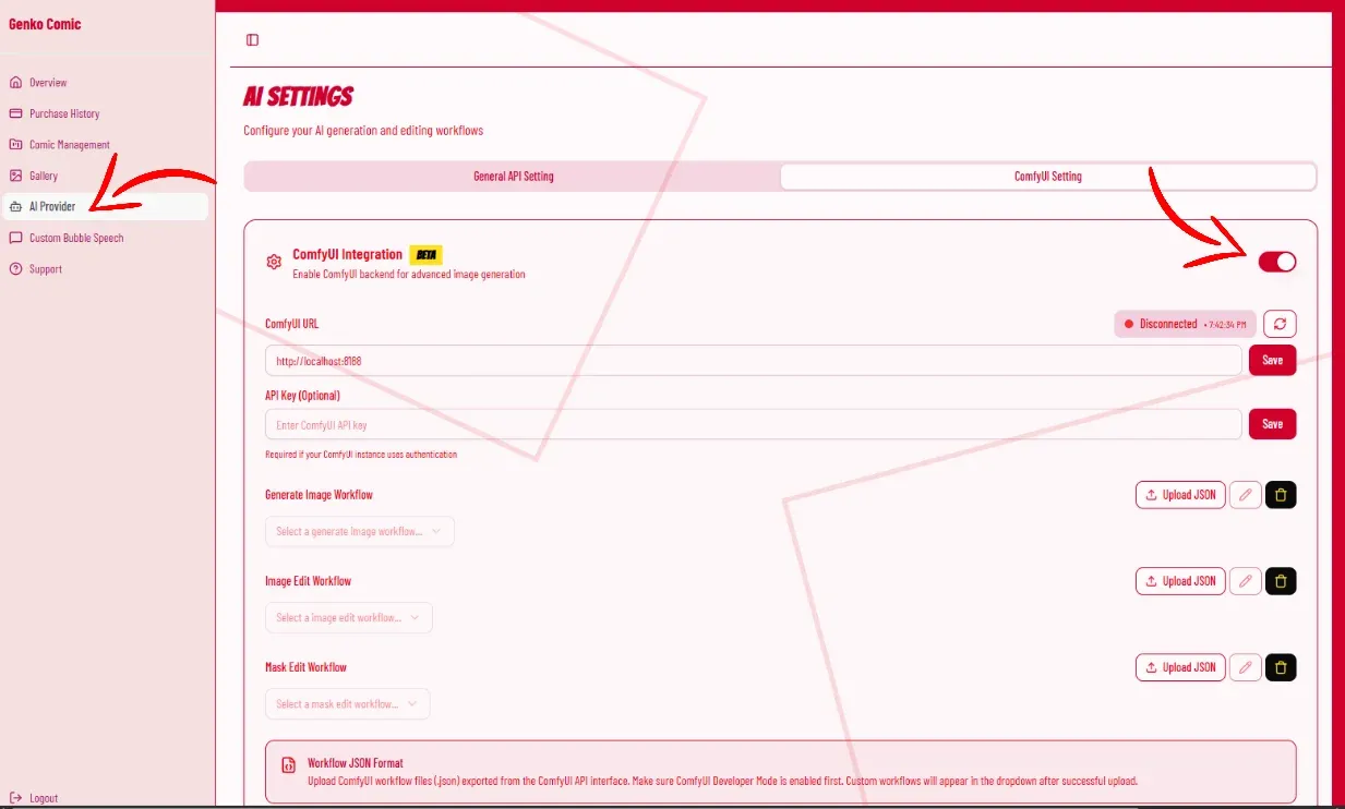 Genko AI Dashboard with ComfyUI settings configured