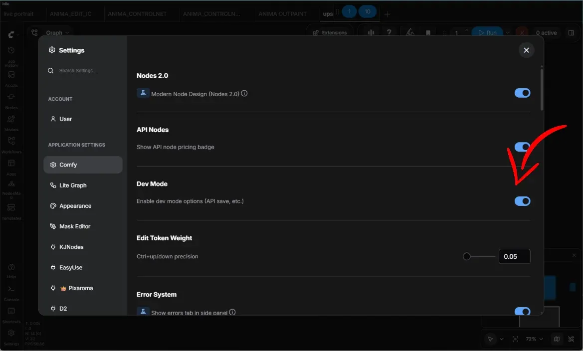 ComfyUI settings panel with Dev Mode toggle