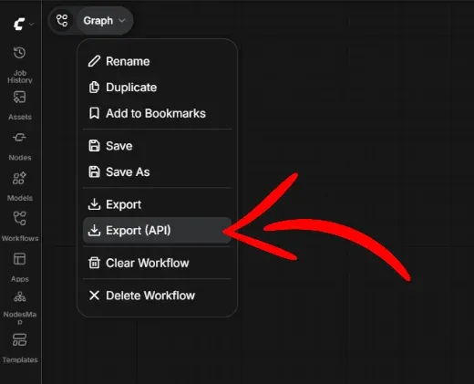 ComfyUI menu showing Save API Format option