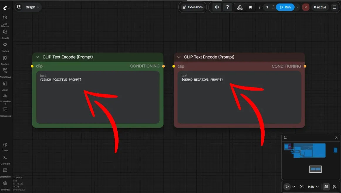 CLIPTextEncode node with {GENKO_POSITIVE_PROMPT} placeholder